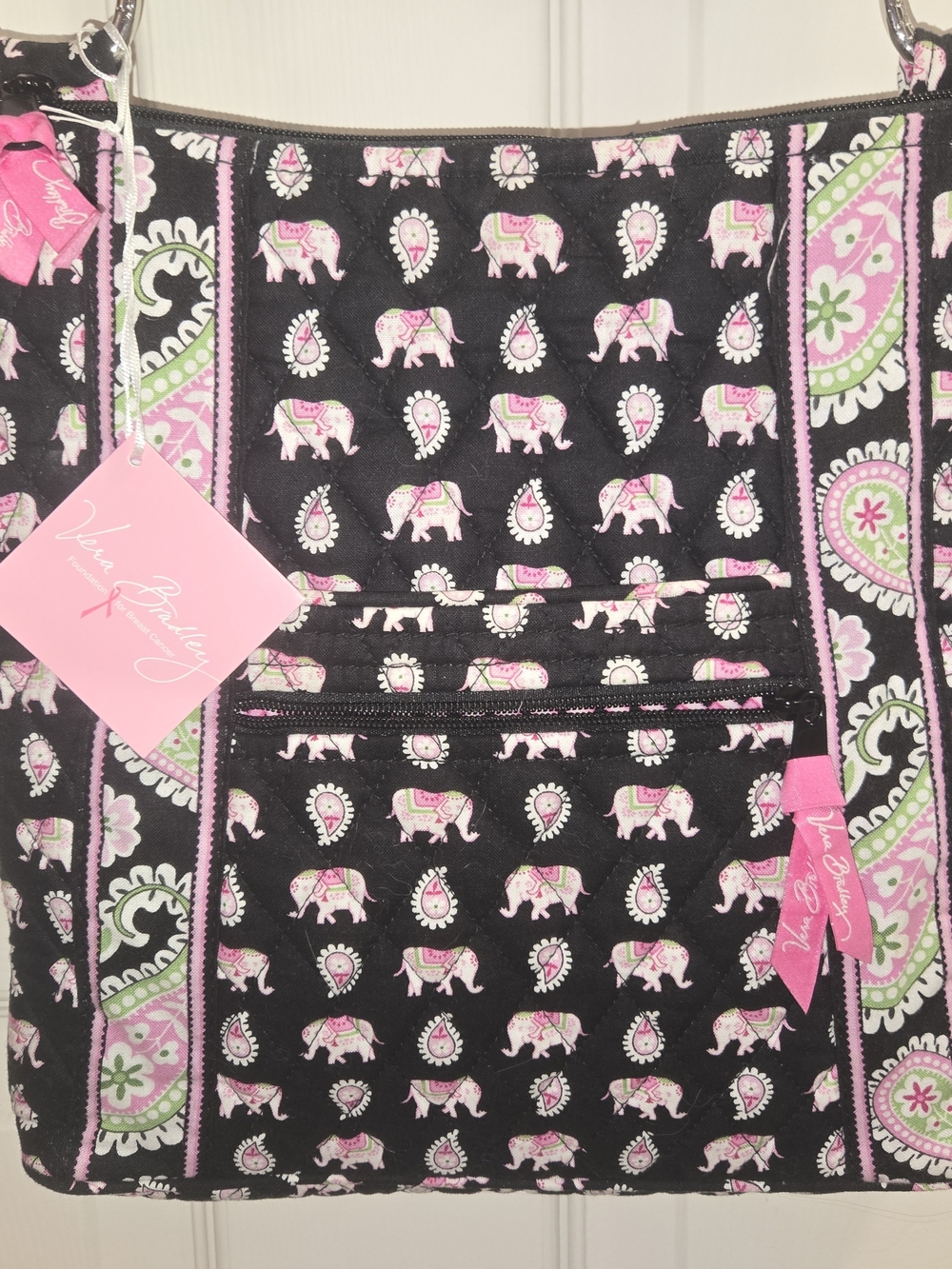 Vera Bradley Kids Pajama Tote Bag in Black with Pink & Green Elephant Print